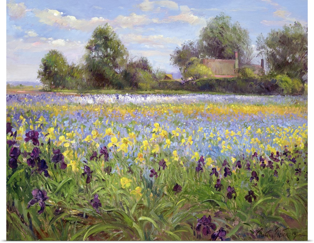 Painting on canvas of a field of wildflowers with a house and trees in the distance.