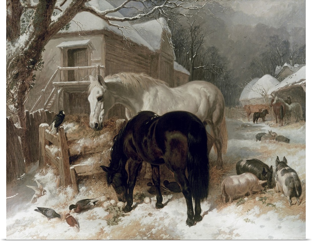 Landscape artwork on a large wall hanging of a snow covered farmyard with several small buildings, and various animals gra...