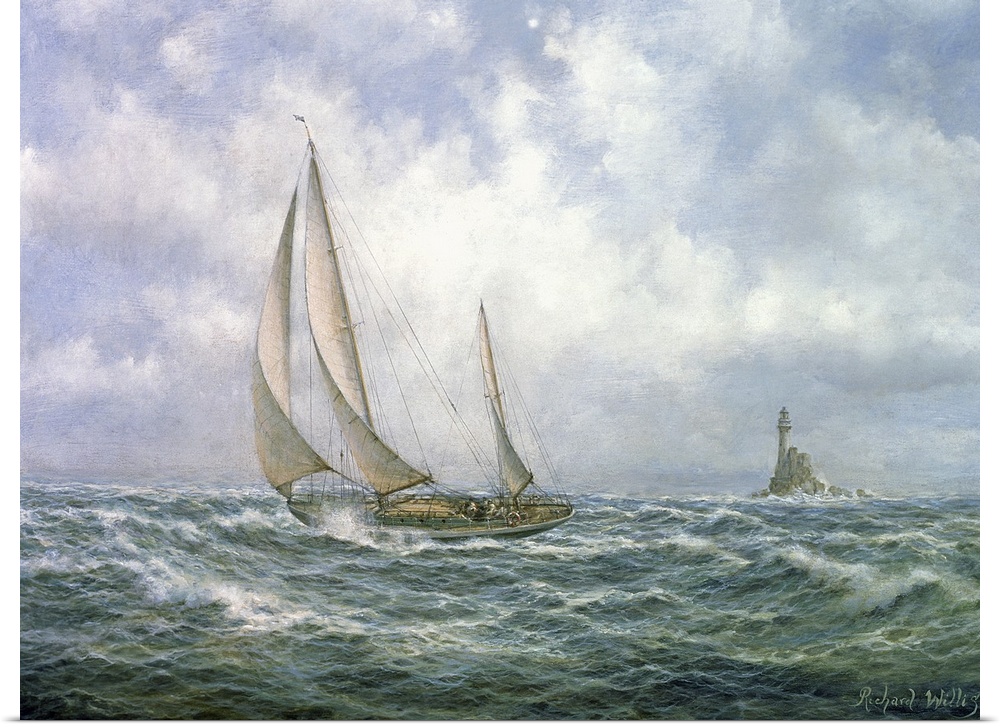 A large artwork piece of a sailboat in rough waters with a cloudy sky behind it and a lighthouse in the distance.