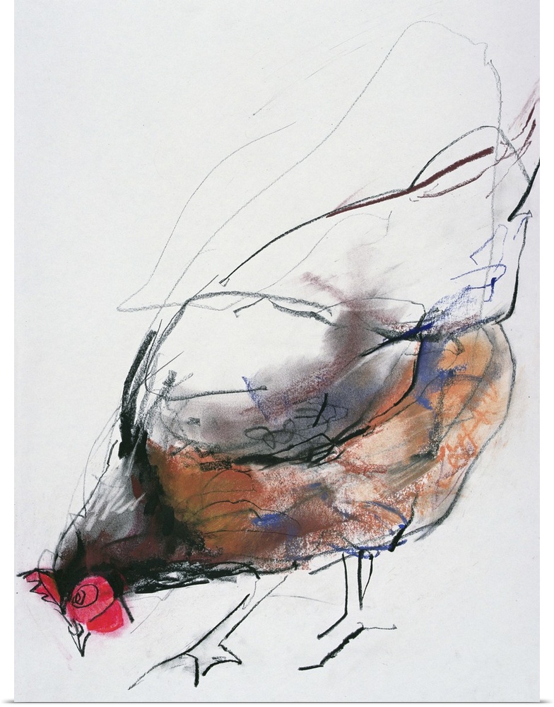 Contemporary painting of a chicken pecking at the ground.