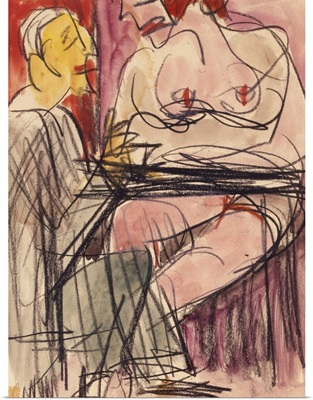 Female Nude and Man sitting at a Table; Weiblicher Akt und Mann an einem Tisch sitzend