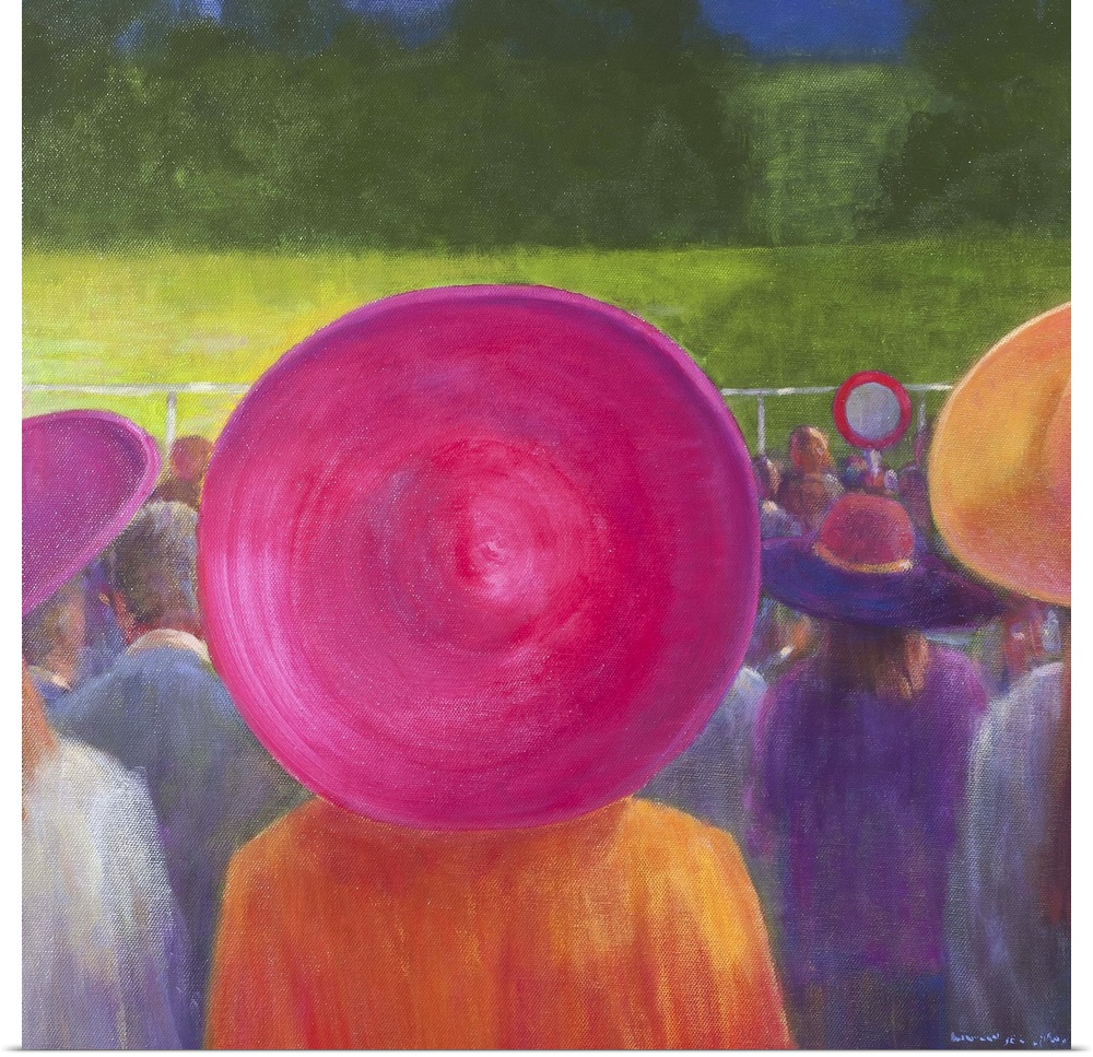 Contemporary painting of a rear view of women in large sun hats watching a horse race.