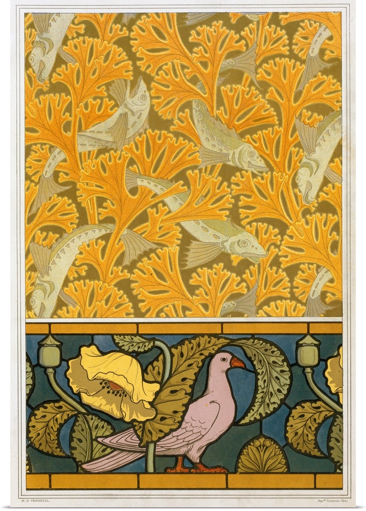 Originally a colour lithograph. Designs For Wallpaper And Stained Glass: "Fish And Seaweed", "Pigeon And Poppies", From 'L...