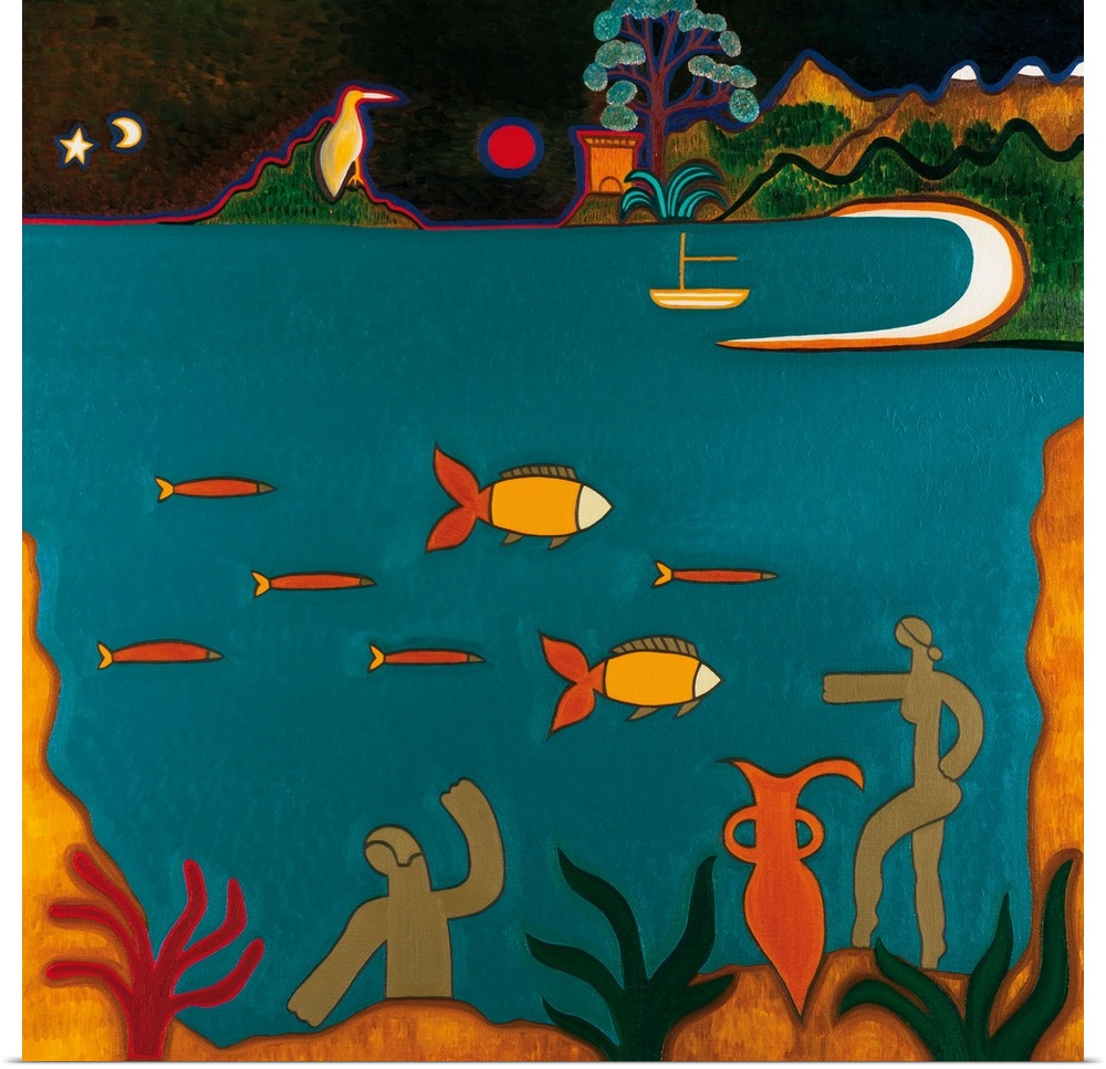 Contemporary artwork of a view of fish under water and boats on the surface of the water.