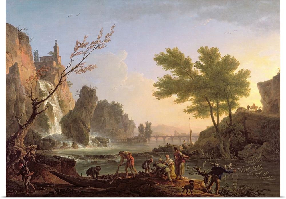 Fisherman in a landscape with a cascade and a bridge