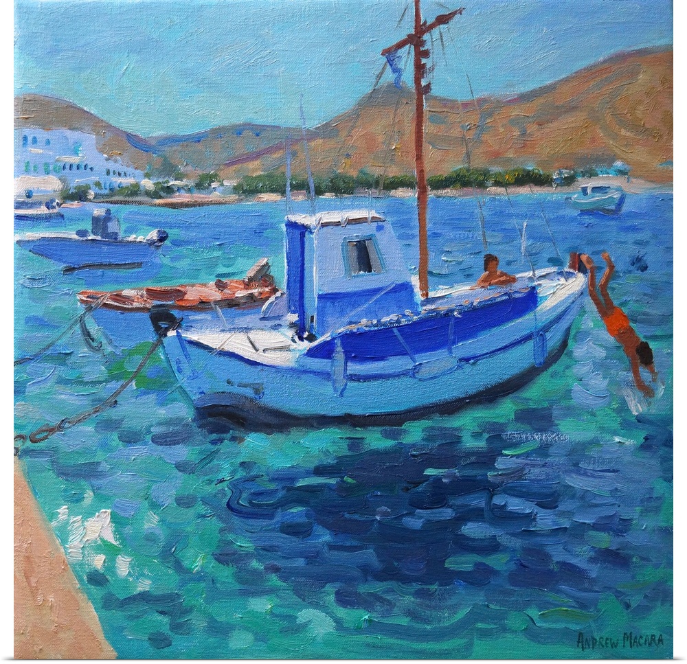 Contemporary painting of fishing boats docked in the harbor.