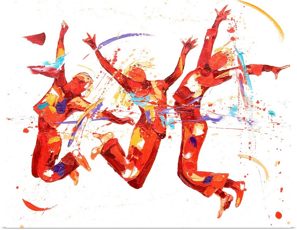Contemporary painting of figures leaping into the air and dancing.
