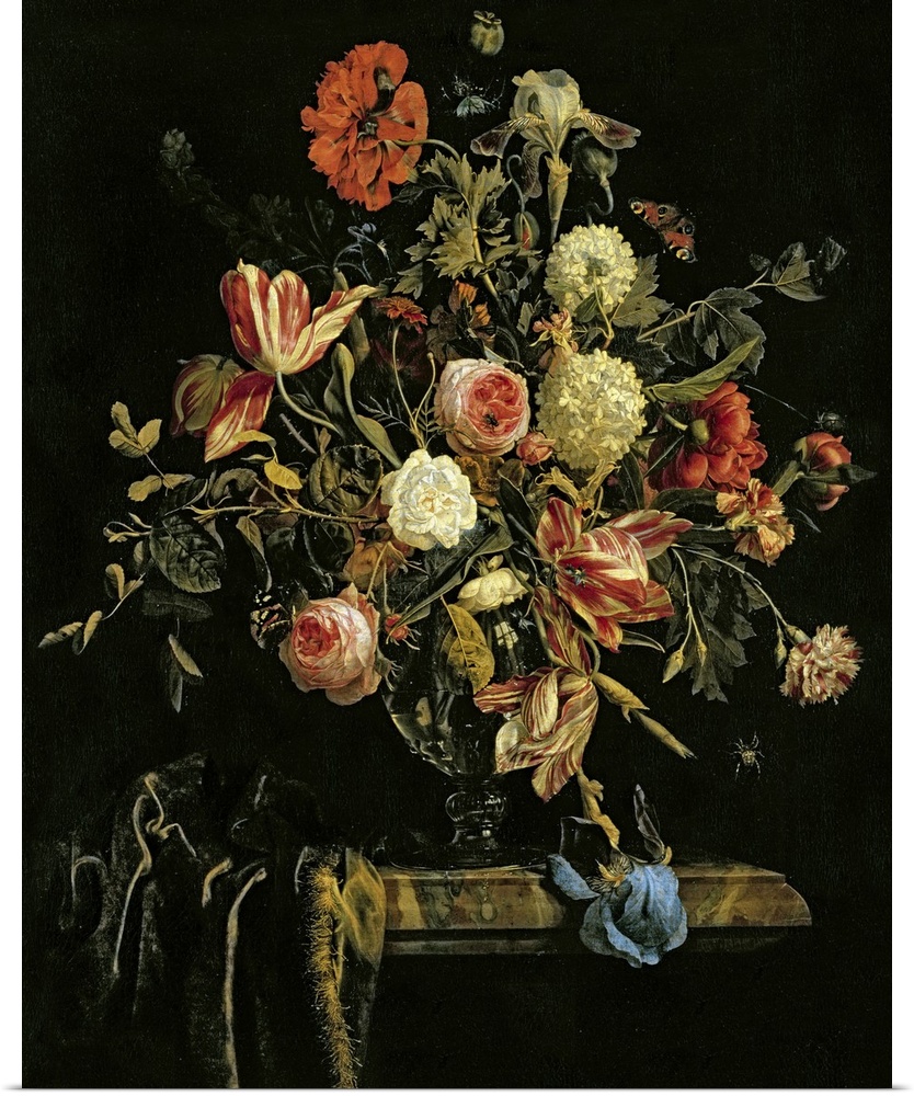 Flowers are painted growing out of a glass vase against a dark background. Some of the flowers are dying and drooping over...