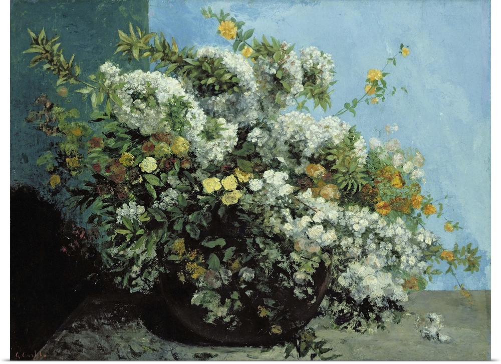 XKH141037 Flowering Branches and Flowers, 1855 (oil on canvas)  by Courbet, Gustave (1819-77); 84x109 cm; Hamburger Kunsth...