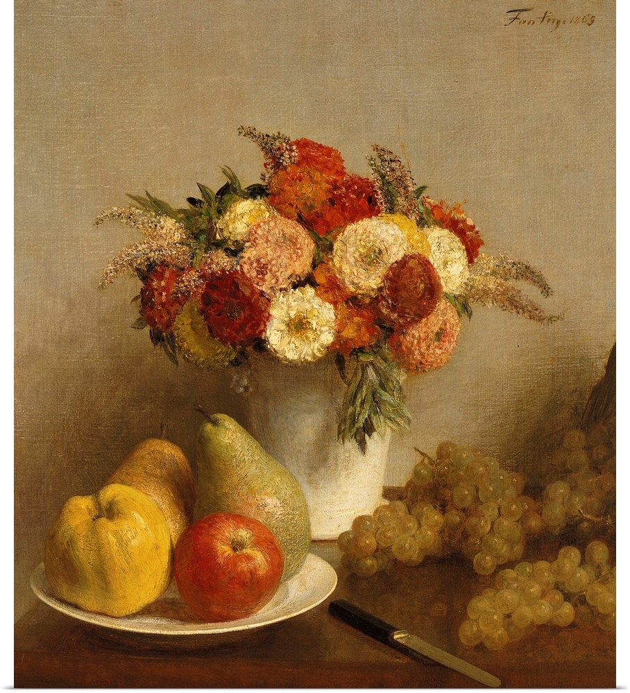 XIR16614 Flowers and Fruit, 1865 (oil on canvas); by Fantin-Latour, Ignace Henri Jean (1836-1904)