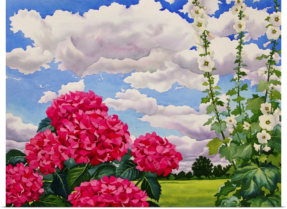 Contemporary painting of hollyhocks in a field under a cloudy sky.