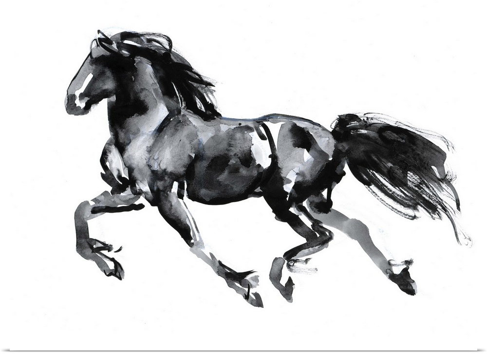 Flying Friesian, 2015, chinese ink on paper.  By Mark Adlington.