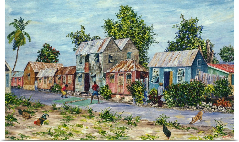 Big oil painting on canvas of a village with kids playing in the street in front of brightly colored little houses.