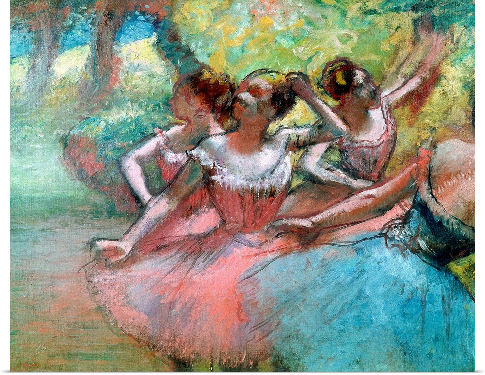 This drawing from an Impressionist master shows dancers in costume rehearsing in front of the scenery.