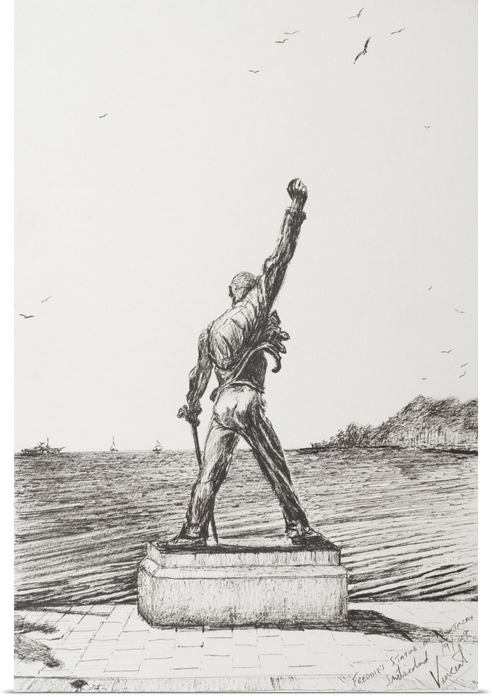 Contemporary artwork of a statue of Freddie Mercury.
