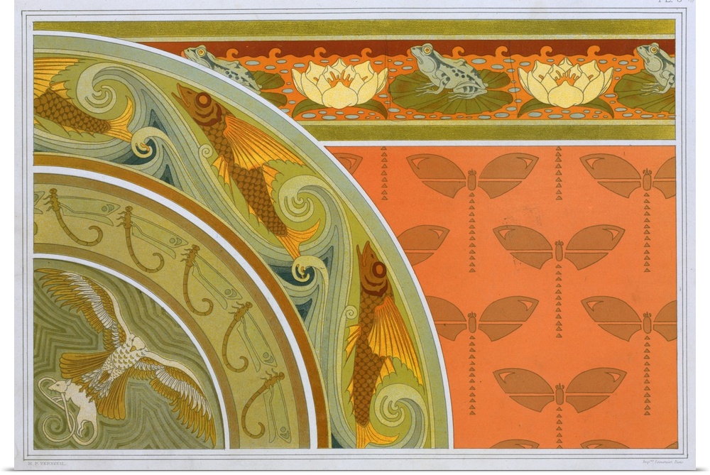 Originally a colour lithograph. Designs For Wallpaper Borders "Frogs And Waterlillies", Border Of "Flying Fish And Dragonf...
