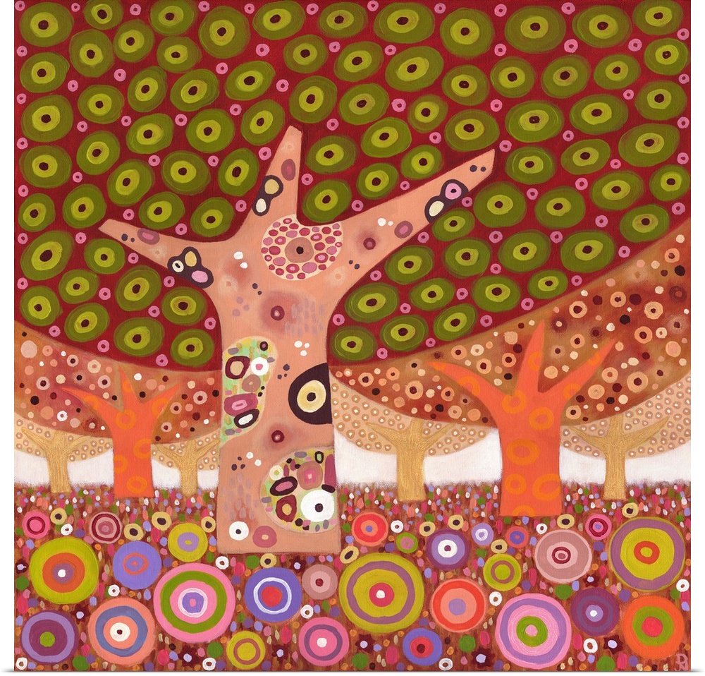 Colorful contemporary painting using elaborate patterns and designs.
