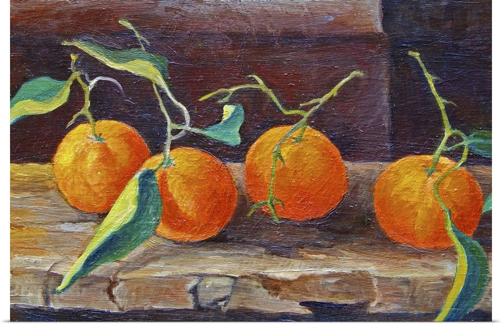 Contemporary still-life painting of oranges sitting on a shelf.