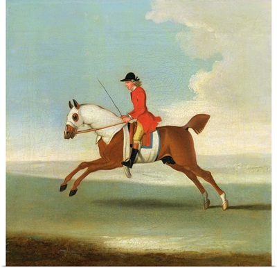 Galloping Racehorse and mounted Jockey in Red