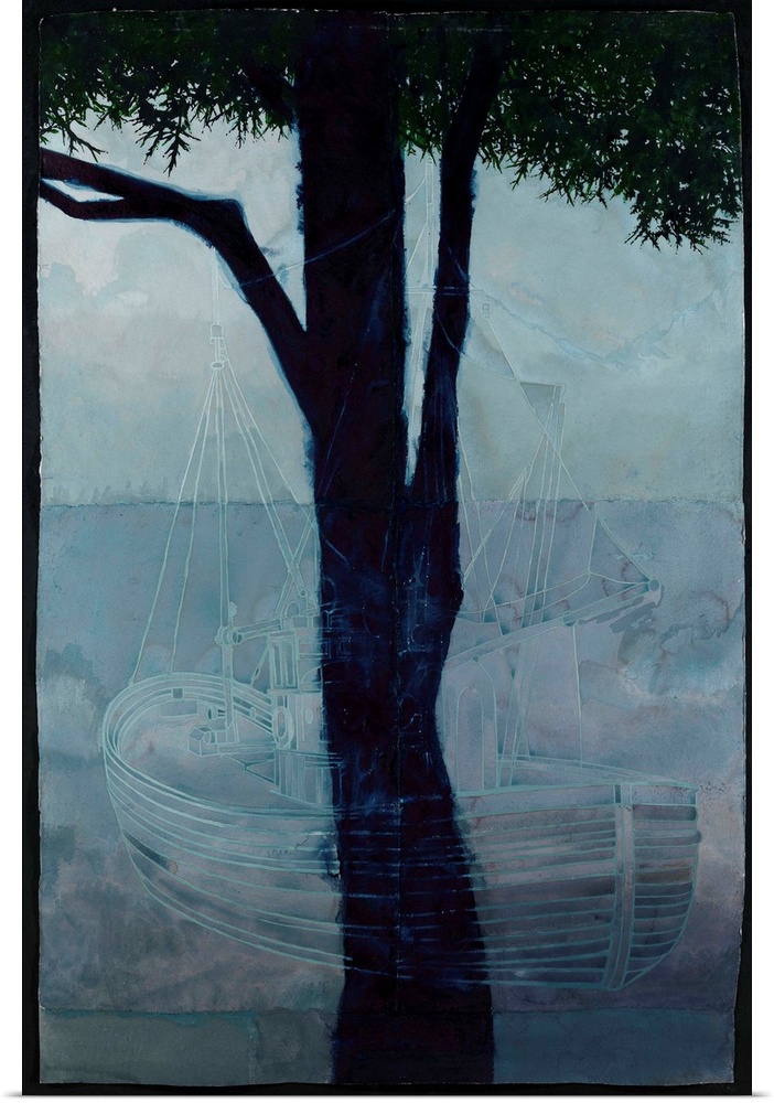 Contemporary watercolor painting of a faint ship overlay with the image of a tree.