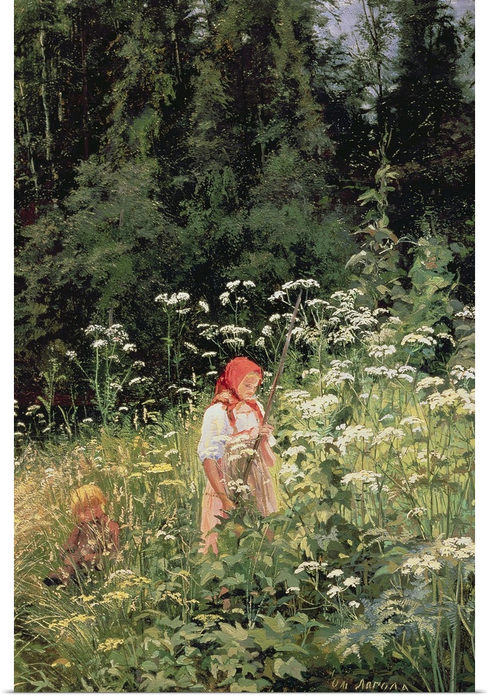 BAL167028 Girl among the wild flowers, 1880 (oil on canvas)  by Lagoda-Shishkina, Olga Antonova (1850-81); 57.2x39.2 cm; T...
