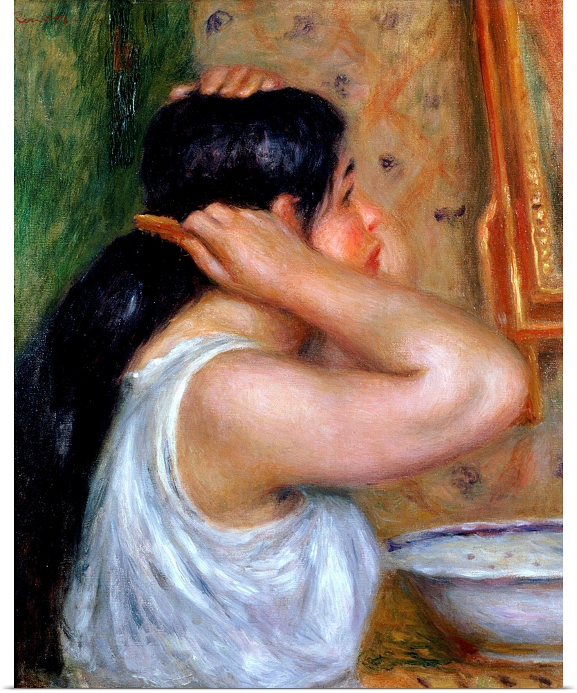 XIR347 Girl Combing her Hair, 1907-8 (oil on canvas)  by Renoir, Pierre Auguste (1841-1919); 55x46.5 cm; Musee d'Orsay, Pa...