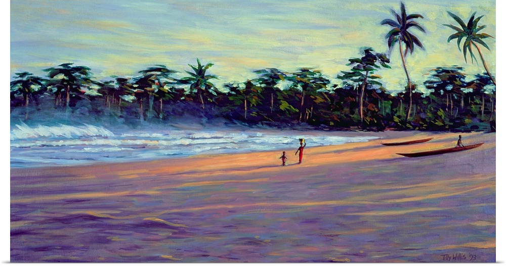 Painting of beach shore with waves rolling in and Palm trees in the distance.  There are canoes on the sand and people wal...