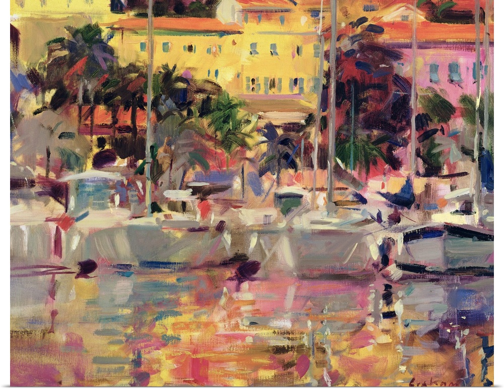 A contemporary, landscape painting that uses vivid pastel colors and shows many large sailboats in a tropical harbor in a ...