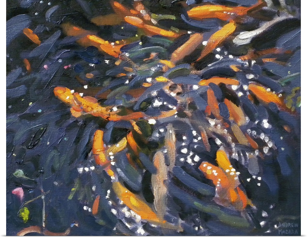 This contemporary artwork is of goldfish swimming near the surface of a pond.