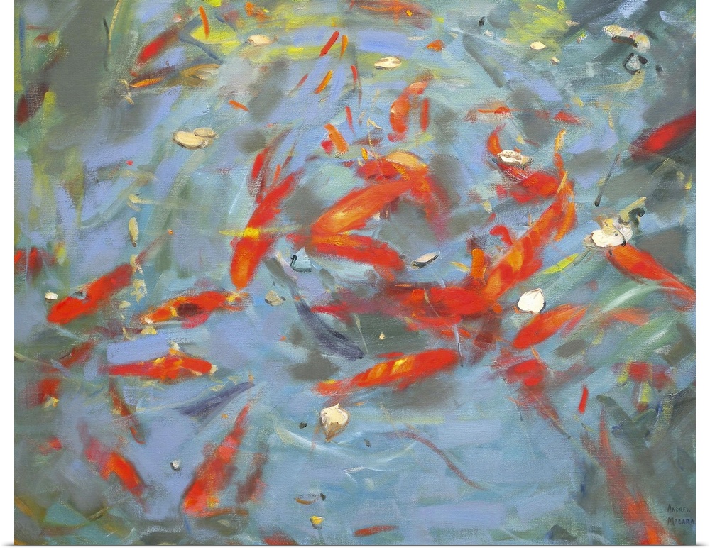 Contemporary painting of a goldfish collectively swimming in a small pool.