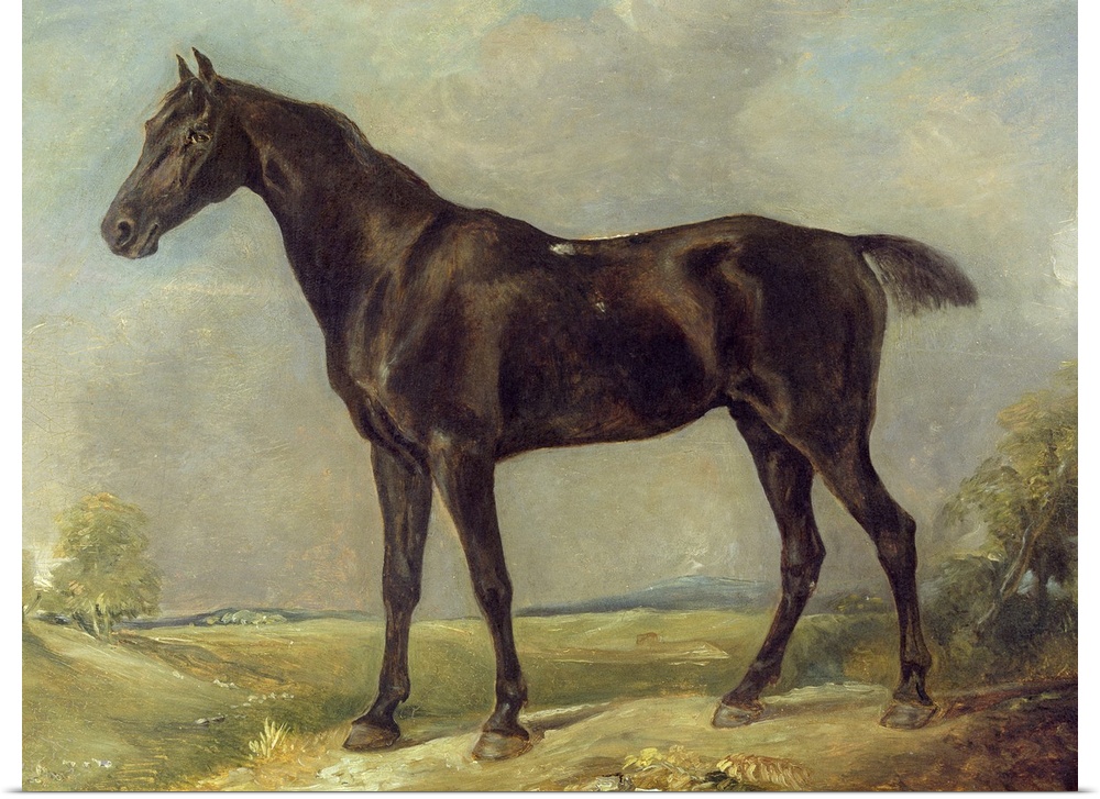 An oil painting of a black horse standing on a path with painted trees and foilage in the background.