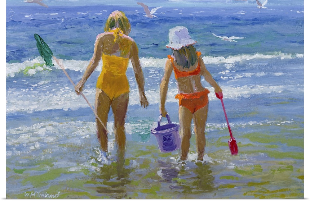 Oil painting of two young girls from behind, standing in the ocean holding a fishing net, bucket, and shovel.