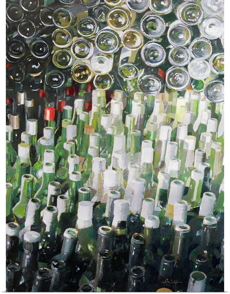 Lots of wine bottles are gathered together by glass color and others are stacked on a wall so you can only see the bottom ...