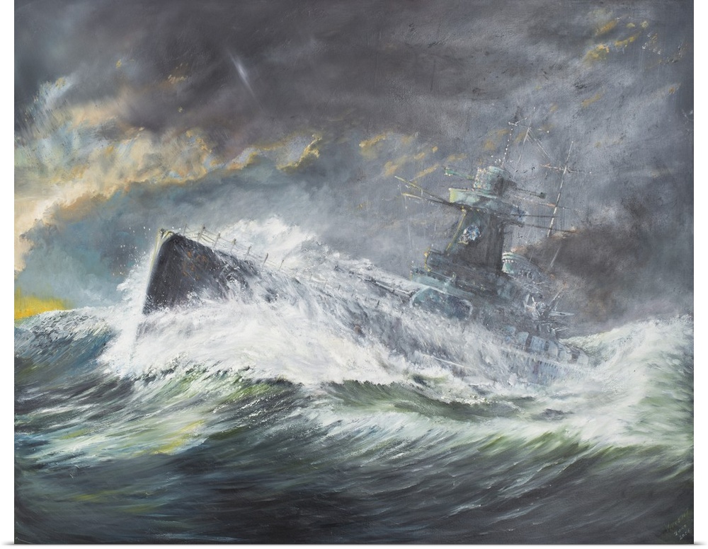 Contemporary painting of a ship riding the high seas during an aggressive storm.