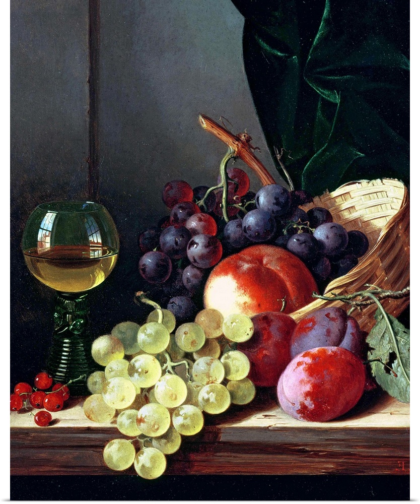 Painting of a basket of fruit and a glass on wine on a table.  Some of the fruit included are peaches and cherries.