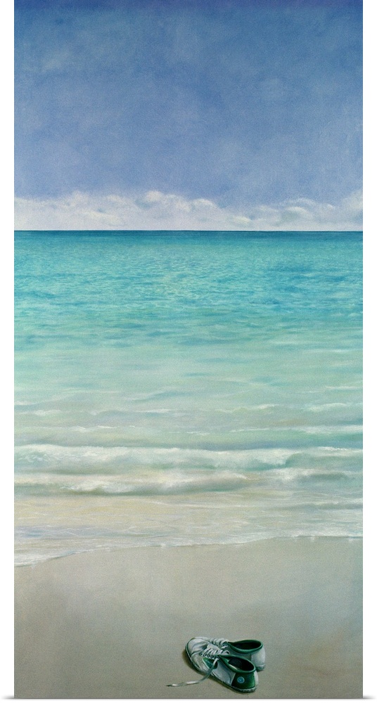 Large vertical painting of a single pair of tennis shoes sitting on a sandy beach as clear blue waters hit the shore, bene...