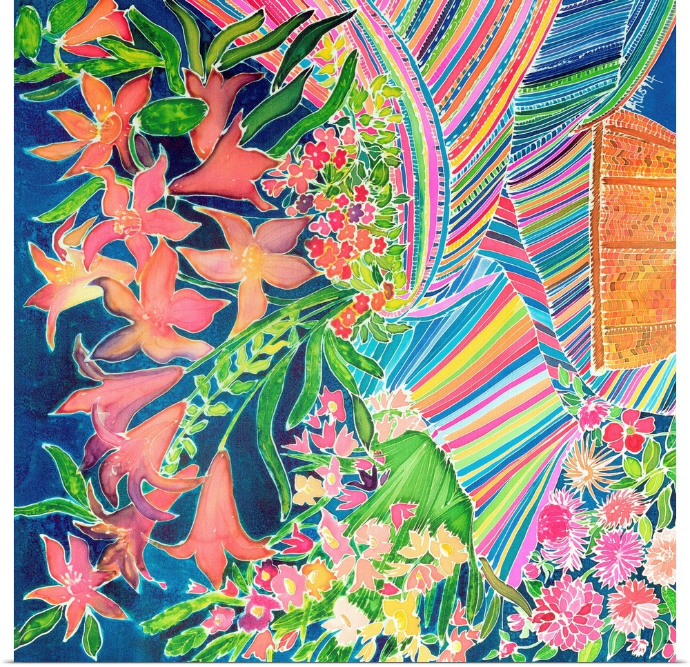 Contemporary painting of colorful striped fabric and tropical flowers.