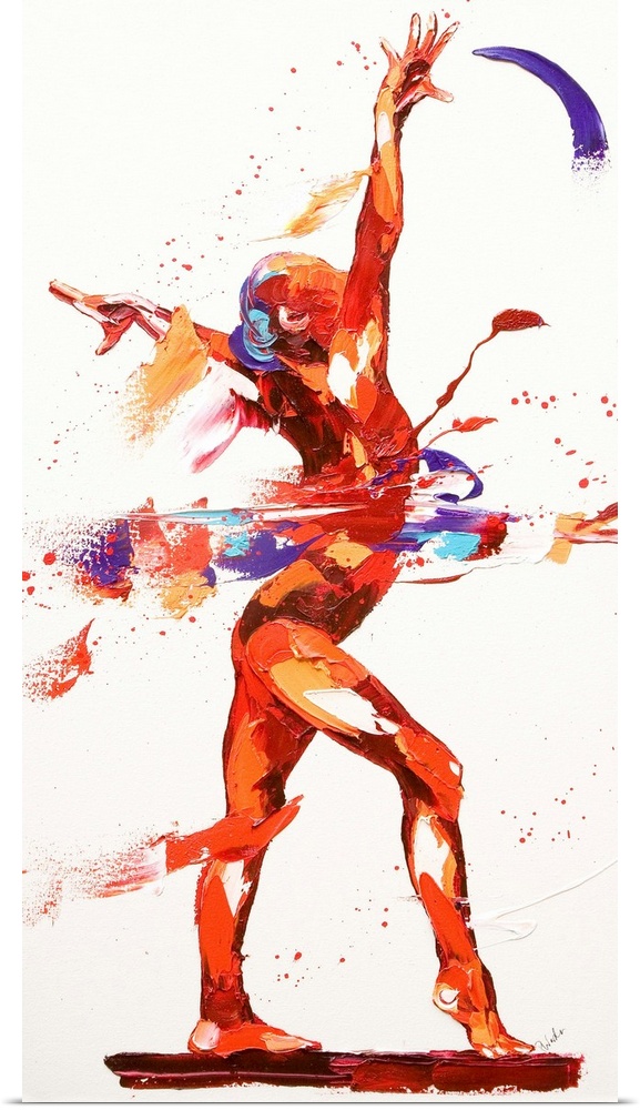 Contemporary painting of a gymnast posing during a routine.