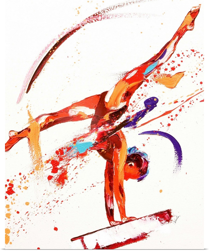 Contemporary painting of a gymnast on a balance beam.
