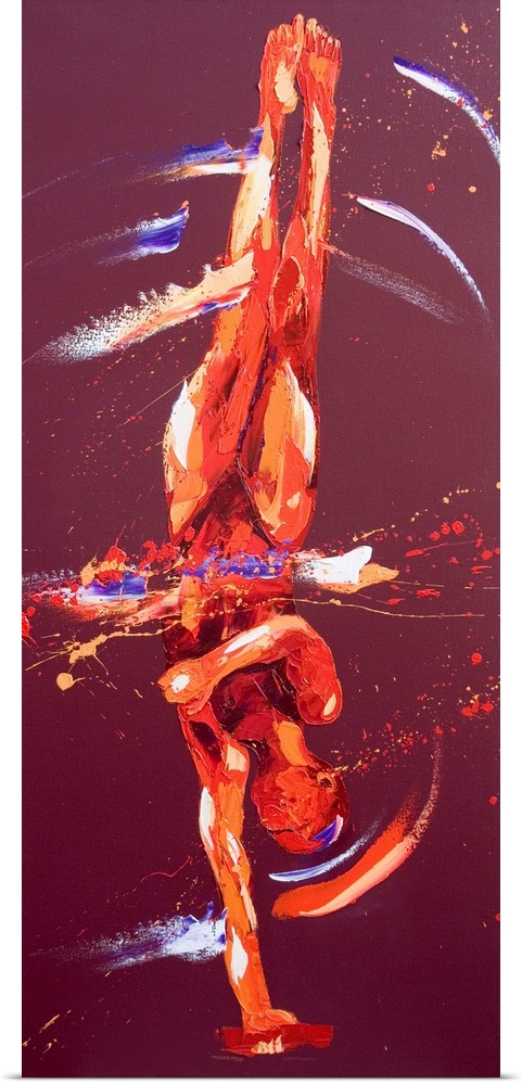 Contemporary painting of a gymnast leaping in the air.