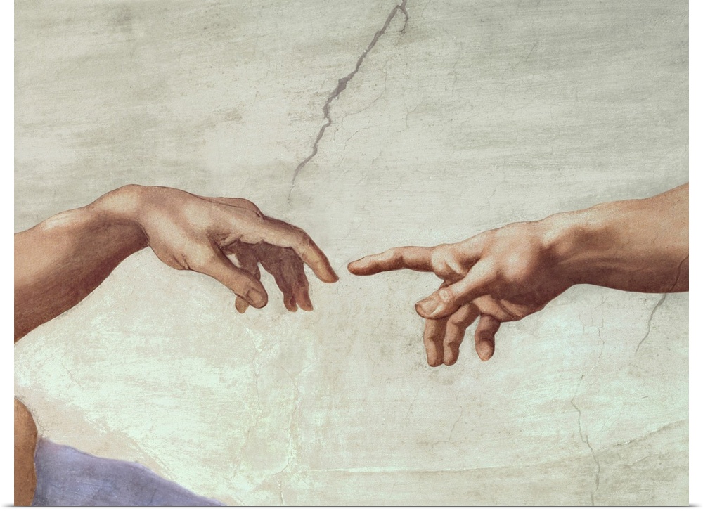 Classic painting of an outstretched arm reaching to touch a lifeless hand with its finger tip with a cracked stone backgro...