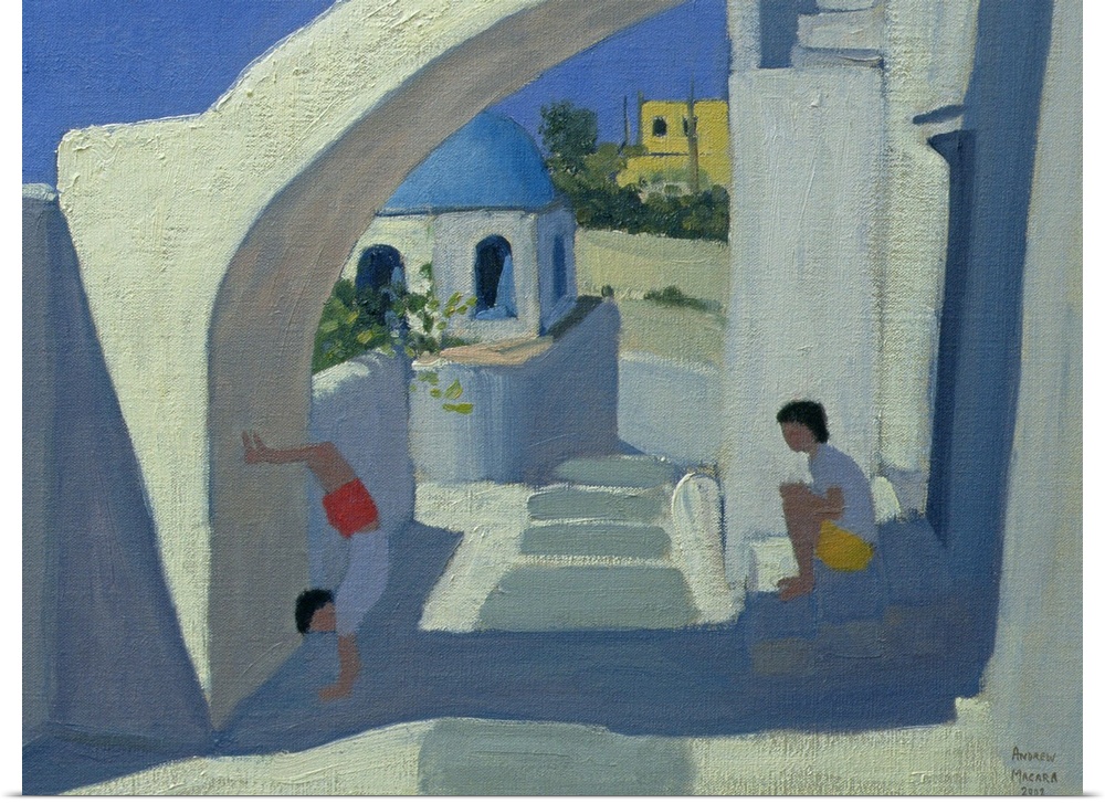 This is a contemporary painting of two children playing in the shade of an archway in this coastal Greek city.