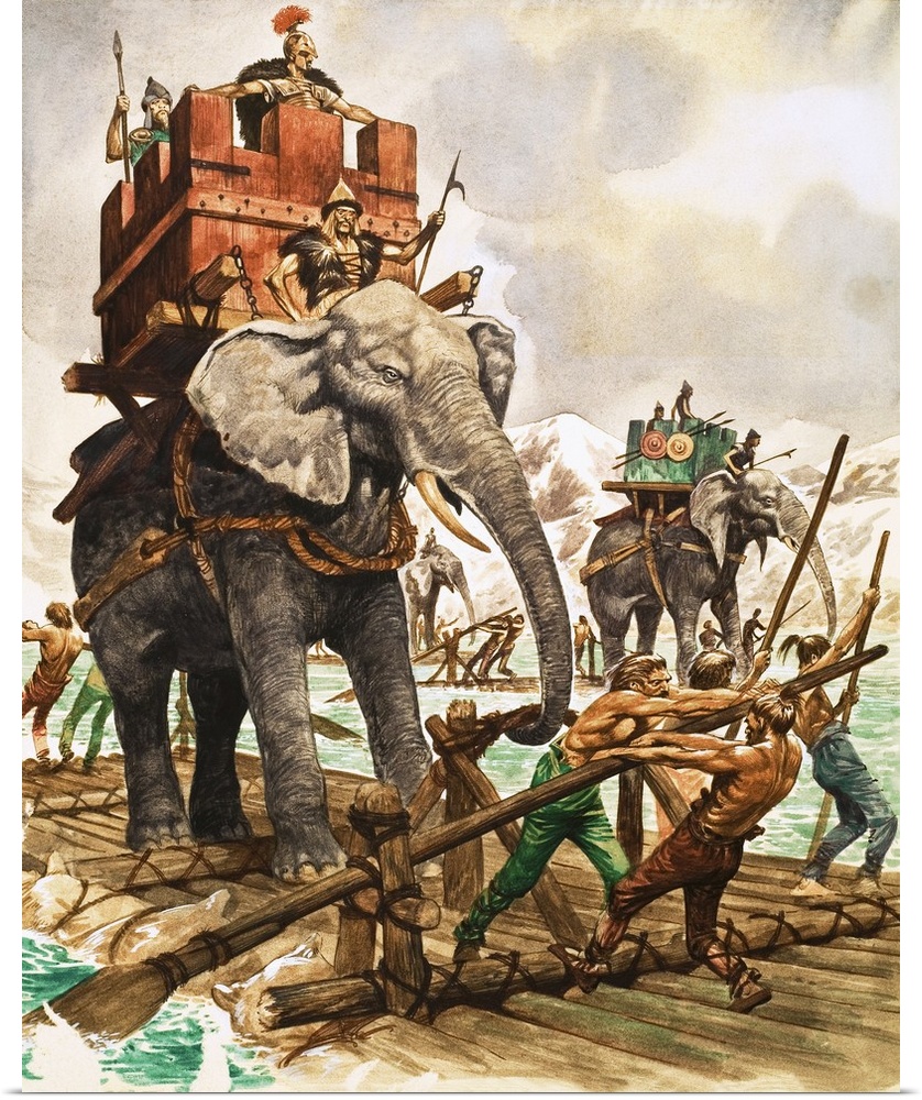 The History of Our Wonderful World: Hannibal of Carthage. Hannibal and his elephants crossing a river by raft. Original ar...