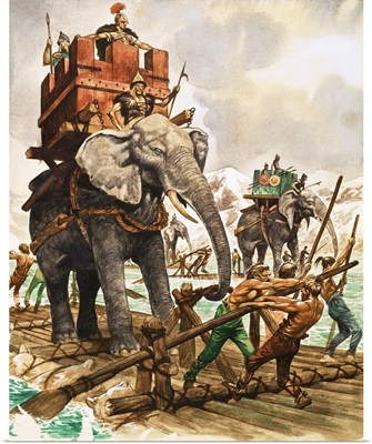 Hannibal and his elephants crossing a river by raft