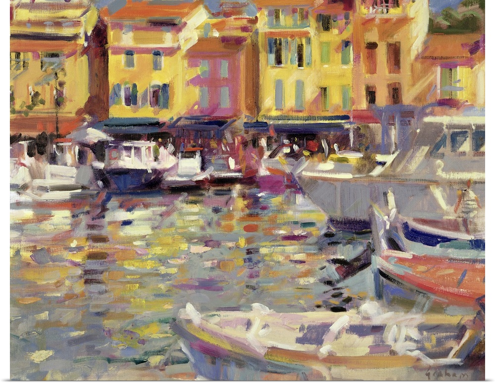 Big, horizontal wall painting of a harbor full of boats in Cassis, France, a row of buildings in the background.