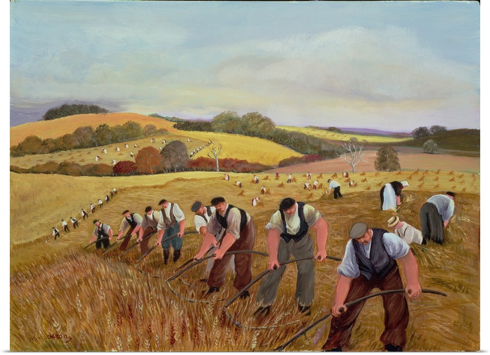 Contemporary painting of several farmhands harvesting in a field.