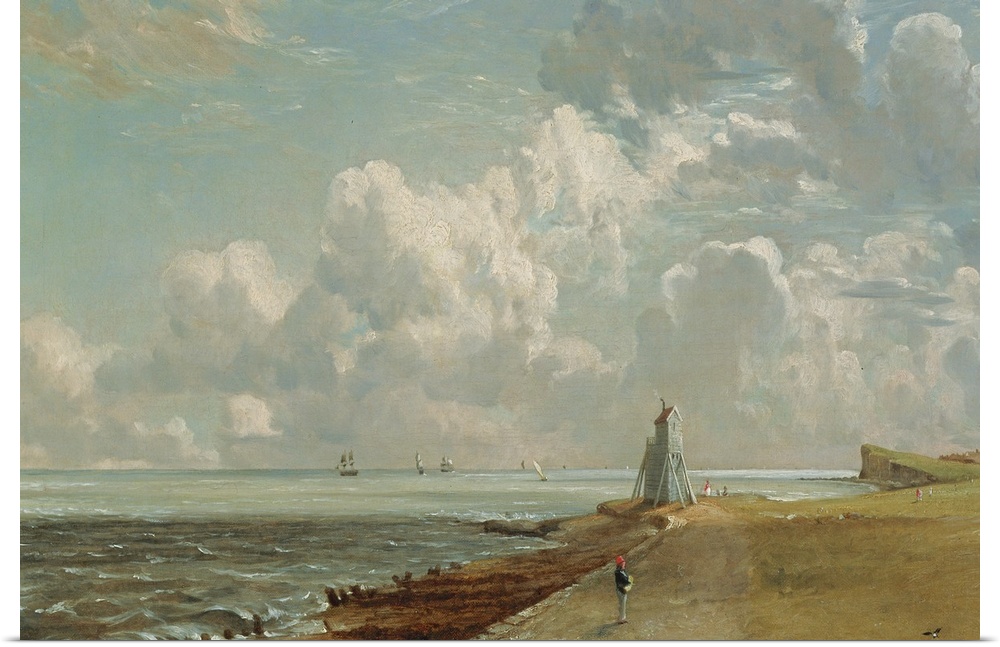 A 19th century oil painting with a calming color palette of a beach in Essex, England. Enormous clouds cover the sea where...