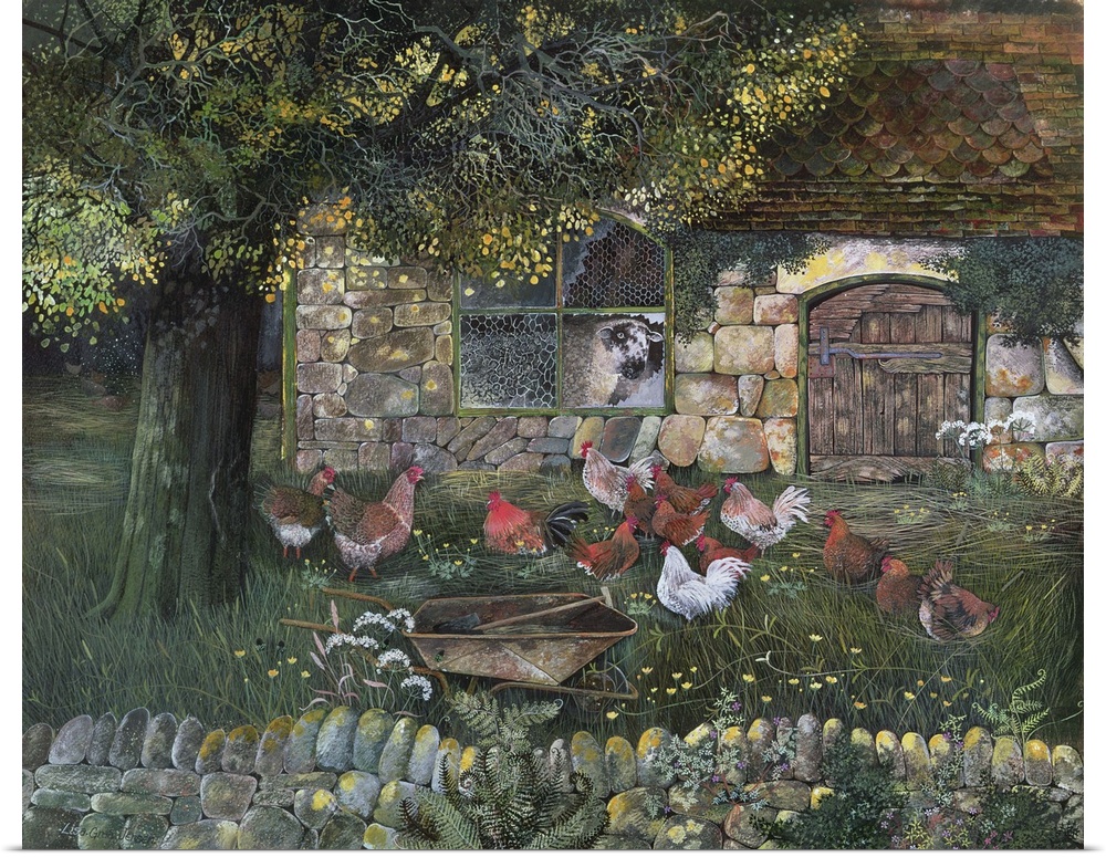Contemporary painting of a flock of chickens in a backyard.