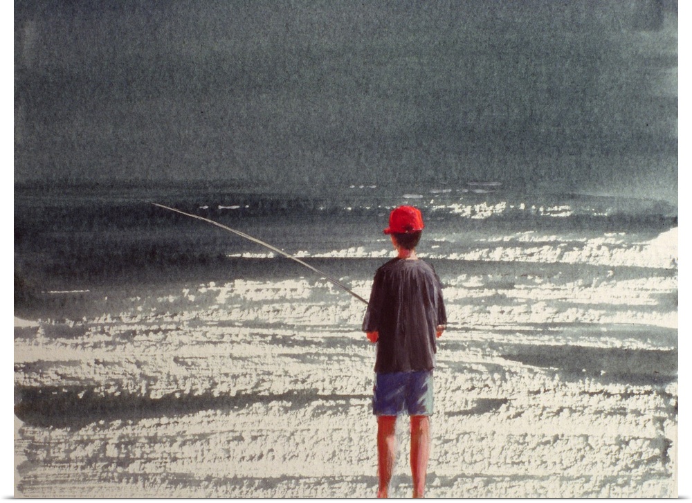 Henry Fishing, Alps, 1990 (acrylic on paper) by Lincoln Seligman.
