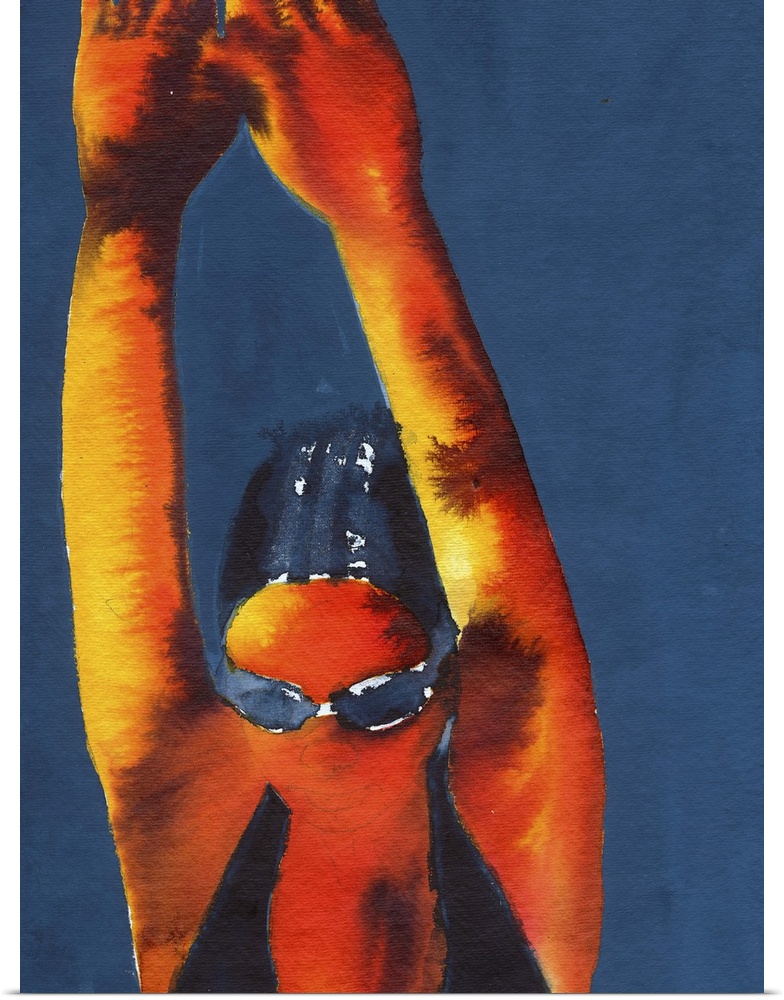 Contemporary figurative art of a diver with arms raised.